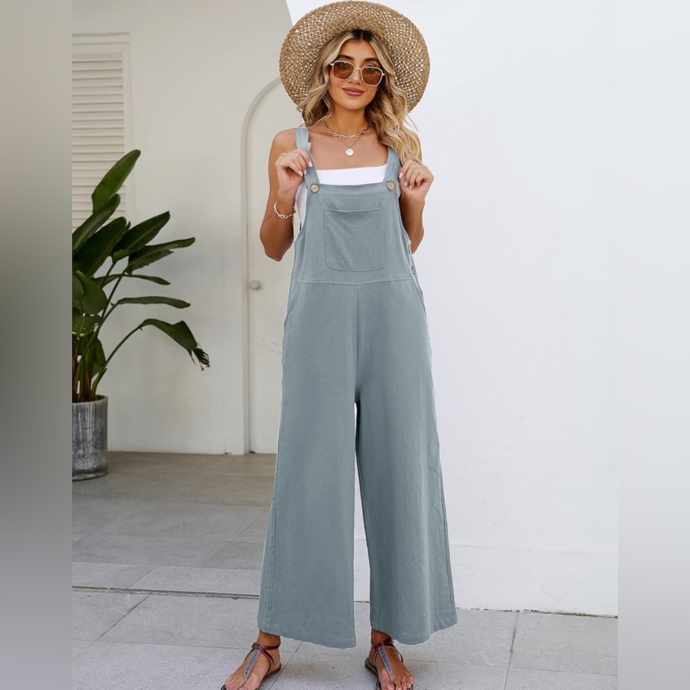 Women’s Bluish Gray Casual Loose Fit Wide Leg Jumpsuit With Adjustable Straps - Picture 2 of 11